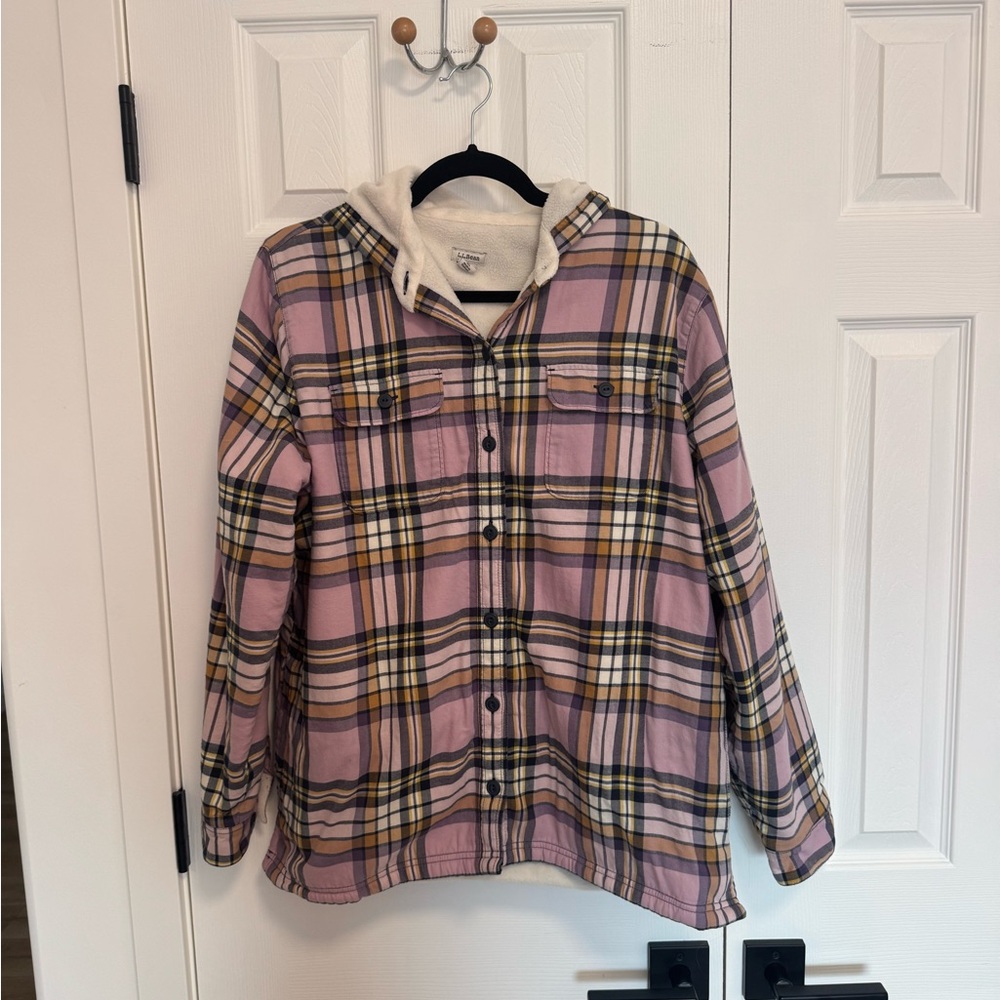 Women’s LL Bean Fleece Lined Flannel Hoodie, Size L
